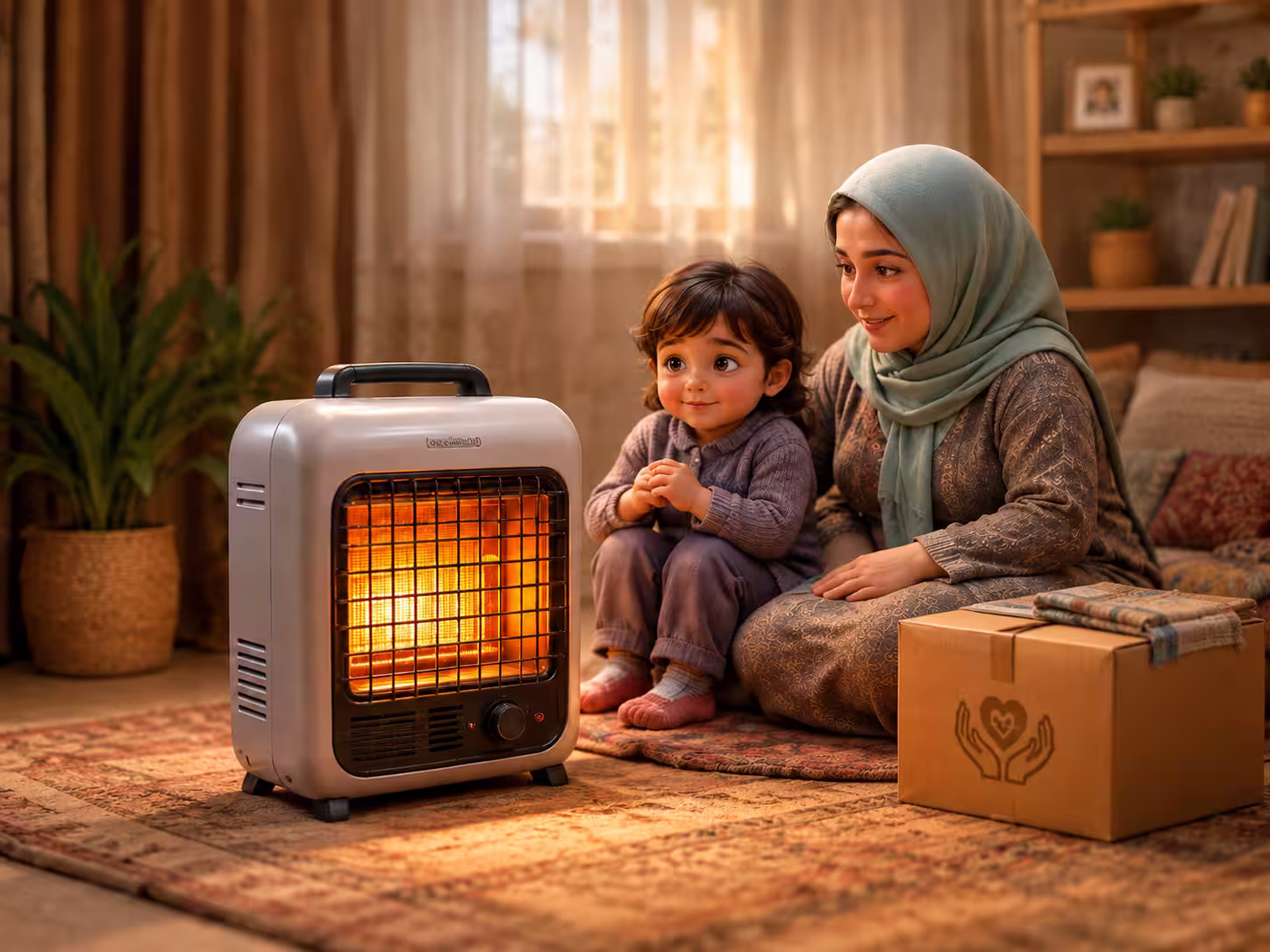 خانواده در کنار وسیله گرمایشی کم‌مصرف